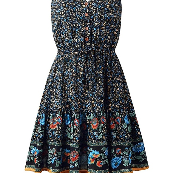Blue spaghetti strap floral boho summer dress - Picture 3 of 6